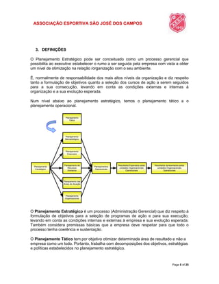ASSOCIAÇÃO ESPORTIVA SÃO JOSÉ DOS CAMPOS
Page 8 of 25
3. DEFINIÇÕES
O Planejamento Estratégico pode ser conceituado como um processo gerencial que
possibilita ao executivo estabelecer o rumo a ser seguida pela empresa com vista a obter
um nível de otimização na relação /organização com o seu ambiente.
É, normalmente de responsabilidade dos mais altos níveis da organização e diz respeito
tanto a formulação de objetivos quanto a seleção dos cursos de ação a serem seguidos
para a sua consecução, levando em conta as condições externas e internas à
organização e a sua evolução esperada.
Num nível abaixo ao planejamento estratégico, temos o planejamento tático e o
planejamento operacional.
Planejamento
Estratégico
Planejamento
Tático
Planejamento
Mercadológico
Planejamento
Financeiro
Planejamento de
Recursos
Humanos
Planejamento das
Áreas de Atuação
Planejamento
Organizacional
Planejamentos
Operacionais
Resultados Esperados pelas
unidades Organizacionais
Operacionais
Resultados Apresentados pelas
unidades Organizacionais
Operacionais
O Planejamento Estratégico é um processo (Administração Gerencial) que diz respeito à
formulação de objetivos para a seleção de programas de ação e para sua execução,
levando em conta as condições internas e externas à empresa e sua evolução esperada.
Também considera premissas básicas que a empresa deve respeitar para que todo o
processo tenha coerência e sustentação.
O Planejamento Tático tem por objetivo otimizar determinada área de resultado e não a
empresa como um todo. Portanto, trabalha com decomposições dos objetivos, estratégias
e políticas estabelecidos no planejamento estratégico.
 