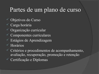 Partes de um plano de curso









Objetivos do Curso
Carga horária
Organização curricular
Componentes curriculares
Estágios de Aprendizagem
Horários
Critérios e procedimentos de acompanhamento,
avaliação, recuperação, promoção e retenção
Certificação e Diplomas

 