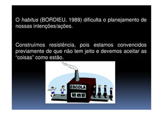 O habitus (BORDIEU, 1989) dificulta o planejamento de
nossas intenções/ações.
Construímos resistência, pois estamos convencidos
previamente de que não tem jeito e devemos aceitar as
“coisas” como estão.“coisas” como estão.
 