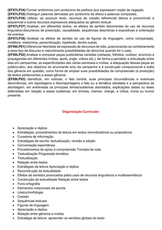 (EF67LP34) Formar antônimos com acréscimo de prefixos que expressam noção de negação.
(EF67LP35) Distinguir palavras derivadas por acréscimo de afixos e palavras compostas.
(EF67LP36) Utilizar, ao produzir texto, recursos de coesão referencial (léxica e pronominal) e
sequencial e outros recursos expressivos adequados ao gênero textual.
(EF67LP37) Analisar, em diferentes textos, os efeitos de sentido decorrentes do uso de recursos
linguístico-discursivos de prescrição, causalidade, sequências descritivas e expositivas e ordenação
de eventos.
(EF67LP38) Analisar os efeitos de sentido do uso de figuras de linguagem, como comparação,
metáfora, metonímia, personificação, hipérbole, dentre outras.
(EF69LP01) Diferenciar liberdade de expressão de discursos de ódio, posicionando-se contrariamente
a esse tipo de discurso e vislumbrando possibilidades de denúncia quando for o caso.
(EF69LP02) Analisar e comparar peças publicitárias variadas (cartazes, folhetos, outdoor, anúncios e
propagandas em diferentes mídias, spots, jingle, vídeos etc.), de forma a perceber a articulação entre
elas em campanhas, as especificidades das várias semioses e mídias, a adequação dessas peças ao
público-alvo, aos objetivos do anunciante e/ou da campanha e à construção composicional e estilo
dos gêneros em questão, como forma de ampliar suas possibilidades de compreensão (e produção)
de textos pertencentes a esses gêneros.
(EF69LP03) Identificar, em notícias, o fato central, suas principais circunstâncias e eventuais
decorrências; em reportagens e fotorreportagens o fato ou a temática retratada e a perspectiva de
abordagem, em entrevistas os principais temas/subtemas abordados, explicações dadas ou teses
defendidas em relação a esses subtemas; em tirinhas, memes, charge, a crítica, ironia ou humor
presente.
Organização Curricular:
 Apreciação e réplica
 Estratégias, procedimentos de leitura em textos reivindicatórios ou propositivos
 Curadoria de informação
 Estratégias de escrita: textualização, revisão e edição
 Conversação espontânea
 Procedimentos de apoio à compreensão Tomada de nota
 Textualização Progressão temática
 Textualização
 Relação entre textos
 Estratégias de leitura Apreciação e réplica
 Reconstrução da textualidade
 Efeitos de sentidos provocados pelos usos de recursos linguísticos e multissemióticos
 Construção da textualidade Relação entre textos
 Fono-ortografia
 Elementos notacionais da escrita
 Léxico/morfologia
 Coesão
 Sequências textuais
 Figuras de linguagem
 Apreciação e réplica
 Relação entre gêneros e mídias
 Estratégia de leitura: apreender os sentidos globais do texto
 