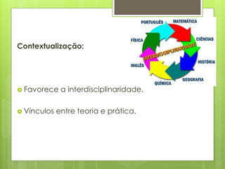 Contextualização:
 Favorece a interdisciplinaridade.
 Vínculos entre teoria e prática.
 