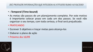 (RE) PRODUZIR INFORMAÇÕES QUE INTEGREM AS ATITUDES RUMO AO SUCESSO
• : Temporal (Time-bound)
• As metas são passos de um planejamento completo. Por este motivo
é importante colocar prazo em cada um dos passos. Se você não
organizar o seu tempo, com toda certeza, o final será prejudicado.
• PRATICANDO
• Escrever 3 objetivos e traçar metas para alcança-los
• Elaborar o plano de ação
• Próximo dia 16/09
 