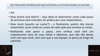 (RE) PRODUZIR INFORMAÇÕES QUE INTEGREM AS ATITUDES RUMO AO SUCESSO
• 2H:
• How (como será feito?) – aqui deve-se determinar como cada passo
do processo será colocado em prática por seus responsáveis;
• How much (quanto vai custar?) – e finalmente, porém não menos
importante, quais serão os custos de cada ação que envolve as metas.
• Realizando este passo a passo, com certeza você terá um
mapeamento claro de suas metas e objetivos, que não vão deixar
nem com que você, nem com que a sua equipe, se perca ao longo do
caminho.
 