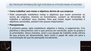 (RE) PRODUZIR INFORMAÇÕES QUE INTEGREM AS ATITUDES RUMO AO SUCESSO
• Como trabalhar com metas e objetivos dentro de sua empresa
• Toda corporação estabelece metas e objetivos que visam aumentar os
lucros da empresa, motivar os funcionários, cumprir as demandas de
trabalho e satisfazer seus clientes. Para que metas sejam cumpridas e
objetivos concluídos, existem três passos importantes:
• Planejamento
• O primeiro passo, após estabelecer objetivo e metas, é organizá-los. Crie
planilhas e documentos com o que precisa ser concluído, quais os prazos e
as prioridades. Dessa maneira, você e sua equipe de trabalho terão ciência
do que precisa ser desenvolvido, bem como o papel de cada um para a
concretização do que foi planejado inicialmente.
 