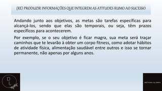(RE) PRODUZIR INFORMAÇÕES QUE INTEGREM AS ATITUDES RUMO AO SUCESSO
Andando junto aos objetivos, as metas são tarefas específicas para
alcançá-los, sendo que elas são temporais, ou seja, têm prazos
específicos para acontecerem.
Por exemplo, se o seu objetivo é ficar magra, sua meta será traçar
caminhos que te levarão à obter um corpo fitness, como adotar hábitos
de atividade física, alimentação saudável entre outros e isso se tornar
permanente, não apenas por alguns anos.
 