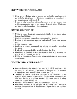 OBJETIVOS ESPECÍFICOS DE ARTES


   Observar as relações entre o homem e a realidade com interesse e
    curiosidade, exercitando a discussão, indagando, argumentando e
    apreciando arte de modo sensível;
   Buscar e saber organizar informações sobre a arte em contato com
    artistas, documentos, acervos nos espaços da escola e fora dela (livros,
    revistas, jornais, ilustrações, vídeos, cartazes).

CONTEÚDOS ESPECÍFICOS

   Utilizar o espaço de acordo com as possibilidades de seu corpo: altura,
    largura, flexibilidade;
   Realizar movimentos ocupando os planos amplos e restritos;
   Dominar o movimento de segurar o lápis, pincel, giz de cera, tesoura,
    etc;
   Utilizar memória visual;
   Conhecer o espaço, organizando os objetos em relação a um plano
    horizontal;
   Distinguir os sons produzidos na sala de aula e fora dela;
   Coordenar os próprios movimentos em relação aos movimentos em
    relação aos movimentos dos outros;
   Utilizar o corpo como fonte sonora, aproveitando-o como instrumento
    de percussão.

PROCEDIMENTOS METODOLÓGICOS


   Envolver basicamente em conhecer, apreciar e refletir sobre as formas
    da natureza, articulando a percepção, a imaginação e a emoção,
    colocando a criança sensorialmente em tudo que fizer;
   Trabalhar a emoção da criança, interagindo-a as variedades de arte
    (visuais, dança, música, dramatização), organizando o pensamento nas
    diferentes linguagens. Usando o corpo em atividades variadas, sentindo
    as formas, os sons, a dança, etc;
   Fortalecer o auto confiança, quebrando bloqueios e inibições;
   Possibilitar á criança todo e qualquer tipo de contato com a linguagem
    musical contextualizada a interpretações significativas das diversas
    culturas;
 