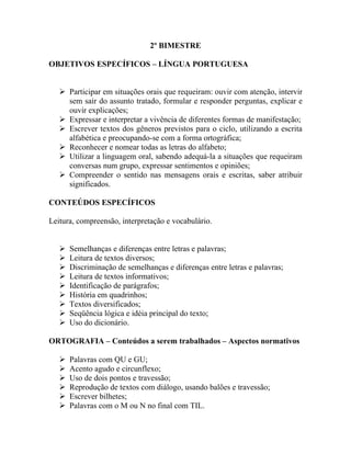 2º BIMESTRE

OBJETIVOS ESPECÍFICOS – LÍNGUA PORTUGUESA


    Participar em situações orais que requeiram: ouvir com atenção, intervir
     sem sair do assunto tratado, formular e responder perguntas, explicar e
     ouvir explicações;
    Expressar e interpretar a vivência de diferentes formas de manifestação;
    Escrever textos dos gêneros previstos para o ciclo, utilizando a escrita
     alfabética e preocupando-se com a forma ortográfica;
    Reconhecer e nomear todas as letras do alfabeto;
    Utilizar a linguagem oral, sabendo adequá-la a situações que requeiram
     conversas num grupo, expressar sentimentos e opiniões;
    Compreender o sentido nas mensagens orais e escritas, saber atribuir
     significados.

CONTEÚDOS ESPECÍFICOS

Leitura, compreensão, interpretação e vocabulário.


      Semelhanças e diferenças entre letras e palavras;
      Leitura de textos diversos;
      Discriminação de semelhanças e diferenças entre letras e palavras;
      Leitura de textos informativos;
      Identificação de parágrafos;
      História em quadrinhos;
      Textos diversificados;
      Seqüência lógica e idéia principal do texto;
      Uso do dicionário.

ORTOGRAFIA – Conteúdos a serem trabalhados – Aspectos normativos

      Palavras com QU e GU;
      Acento agudo e circunflexo;
      Uso de dois pontos e travessão;
      Reprodução de textos com diálogo, usando balões e travessão;
      Escrever bilhetes;
      Palavras com o M ou N no final com TIL.
 
