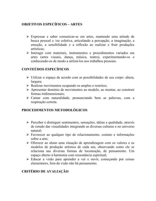 OBJETIVOS ESPECÍFICOS – ARTES


   Expressar e saber comunicar-se em artes, mantendo uma atitude de
    busca pessoal e /ou coletiva, articulando a percepção, a imaginação, a
    emoção, a sensibilidade e a reflexão ao realizar e fruir produções
    artísticas;
   Interagir com materiais, instrumentos e procedimentos variados em
    artes (artes visuais, dança, música, teatro), experimentando-os e
    conhecendo-os de modo a utilizá-los nos trabalhos pessoais.

CONTEÚDOS ESPECÍFICOS

   Utilizar o espaço de acordo com as possibilidades de seu corpo: altura,
    largura;
   Realizar movimentos ocupando os amplos e restritos;
   Apresentar domínio de movimentos ao modelo, ao montar, ao construir
    formas tridimensionais;
   Cantar com naturalidade, pronunciando bem as palavras, com a
    respiração correta.

PROCEDIMENTOS METODOLÓGICOS


   Perceber e distinguir sentimentos, sensações, idéias e qualidade, através
    de estudo das visualidades integrando as diversas culturas e no universo
    natural;
   Favorecer ao qualquer tipo de relacionamento, contato e informações
    sobre a arte;
   Oferecer ao aluno uma situação de aprendizagem com os valores e os
    modelos de produção artística de cada um, observando como ele se
    relaciona nas diversas formas de locomoção, de pensamento. Um
    espaço aberto à harmonia com ressonância espiritual;
   Educar a visão para aprender a ver e ouvir, começando por coisas
    elementares, fora da visão não há pensamento.

CRITÉRIO DE AVALIAÇÃO
 