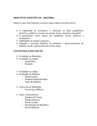 OBJETIVOS ESPECÍFICOS - HISTÓRIA

Espera-se que neste bimestre os alunos sejam capazes de desenvolver:


    A capacidade de reconhecer e relacionar os fatos geográficos,
     históricos, políticos e sociais nas escolas locais, regionais e nacionais;
    O pensamento crítico diante dos problemas sociais, políticos e
     econômicos;
    Habilidades de estudo e pesquisa;
    Entender o processo histórico de produção e desenvolvimento do
     trabalho, desde a pré-história até os dias atuais.

CONTEÚDOS ESPECÍFICOS

    O trabalho no Município
    O trabalho no campo
        - Agricultura
        - Pecuária


    O trabalho na cidade
    O trabalho na Indústria
        - Matéria prima
        - Produtos Industrializados
        - Tipos de Indústria

    O governo no Município
        - Os serviços públicos

    Datas comemorativas
       - Semana da Criança
       - Dia do professor
       - Dia do aviador
       - Proclamação da República
       - Dia da Bandeira
 