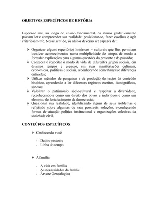 OBJETIVOS ESPECÍFICOS DE HISTÓRIA


Espera-se que, ao longo do ensino fundamental, os alunos gradativamente
possam ler e compreender sua realidade, posicionar-se, fazer escolhas e agir
criteriosamente. Nesse sentido, os alunos deverão ser capazes de:

    Organizar alguns repertórios históricos – culturais que lhes permitam
     localizar acontecimentos numa multiplicidade de tempo, de modo a
     formular explicações para algumas questões do presente e do passado;
    Conhecer e respeitar o modo de vida de diferentes grupos sociais, em
     diversos tempos e espaços, em suas manifestações culturais,
     econômicas, políticas e sociais, reconhecendo semelhanças e diferenças
     entre eles;
    Utilizar métodos de pesquisas e de produção de textos de conteúdo
     histórico, aprendendo a ler diferentes registros escritos, iconográficos,
     sonoros;
    Valorizar o patrimônio sócio-cultural e respeitar a diversidade,
     reconhecendo-a como um direito dos povos e indivíduos e como um
     elemento de fortalecimento da democracia;
    Questionar sua realidade, identificando alguns de seus problemas e
     refletindo sobre algumas de suas possíveis soluções, reconhecendo
     formas de atuação política institucional e organizações coletivas da
     sociedade civil.

CONTEÚDOS ESPECÍFICOS

       Conhecendo você

         - Dados pessoais
         - Linha do tempo


       A família

         - A vida em família
         - As necessidades da família
         - Árvore Genealógica
 