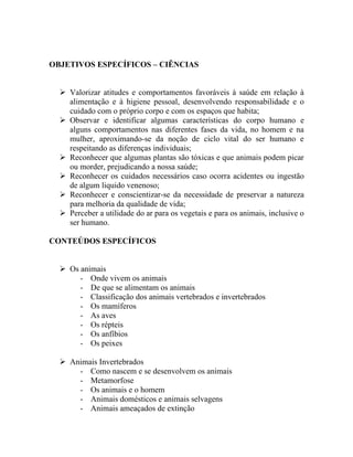 OBJETIVOS ESPECÍFICOS – CIÊNCIAS


   Valorizar atitudes e comportamentos favoráveis à saúde em relação à
    alimentação e à higiene pessoal, desenvolvendo responsabilidade e o
    cuidado com o próprio corpo e com os espaços que habita;
   Observar e identificar algumas características do corpo humano e
    alguns comportamentos nas diferentes fases da vida, no homem e na
    mulher, aproximando-se da noção de ciclo vital do ser humano e
    respeitando as diferenças individuais;
   Reconhecer que algumas plantas são tóxicas e que animais podem picar
    ou morder, prejudicando a nossa saúde;
   Reconhecer os cuidados necessários caso ocorra acidentes ou ingestão
    de algum liquido venenoso;
   Reconhecer e conscientizar-se da necessidade de preservar a natureza
    para melhoria da qualidade de vida;
   Perceber a utilidade do ar para os vegetais e para os animais, inclusive o
    ser humano.

CONTEÚDOS ESPECÍFICOS


   Os animais
       - Onde vivem os animais
       - De que se alimentam os animais
       - Classificação dos animais vertebrados e invertebrados
       - Os mamíferos
       - As aves
       - Os répteis
       - Os anfíbios
       - Os peixes

   Animais Invertebrados
      - Como nascem e se desenvolvem os animais
      - Metamorfose
      - Os animais e o homem
      - Animais domésticos e animais selvagens
      - Animais ameaçados de extinção
 