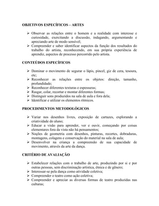 OBJETIVOS ESPECÍFICOS – ARTES

   Observar as relações entre o homem e a realidade com interesse e
    curiosidade, exercitando a discussão, indagando, argumentando e
    apreciando arte de modo sensível;
   Compreender e saber identificar aspectos da função dos resultados do
    trabalho do artista, reconhecendo, em sua própria experiência de
    aprendiz, aspectos de processo percorrido pelo artista.

CONTEÚDOS ESPECÍFICOS

   Dominar o movimento de segurar o lápis, pincel, giz de cera, tesoura,
    etc;
   Reconhecer as relações entre os objetos: direção, tamanho,
    profundidade;
   Reconhecer diferentes texturas e espessuras;
   Rasgar, colar, recortar e montar diferentes formas;
   Distinguir sons produzidos na sala de aula e fora dela;
   Identificar e utilizar os elementos rítmicos.

PROCEDIMENTOS METODOLÓGICOS

   Variar nos desenhos livres, exposição de cartazes, explorando a
    criatividade do aluno;
   Educar a visão para aprender, ver e ouvir, começando por coisas
    elementares fora da vista não há pensamentos;
   Noções de geometria com desenhos, pinturas, recortes, dobraduras,
    montagens, colagens e conservação do material na sala de aula;
   Desenvolver na criança a compreensão de sua capacidade de
    movimento, através da arte da dança.

CRITÉRIO DE AVALIAÇÃO

   Estabelecer relações com o trabalho de arte, produzindo por si e por
    outras pessoas, sem discriminação artística, étnica e de gênero;
   Interessar-se pela dança como atividade coletiva;
   Compreender o teatro como ação coletiva;
   Compreender e apreciar as diversas formas de teatro produzidas nas
    culturas;
 