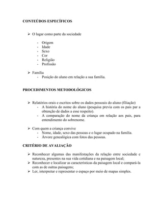 CONTEÚDOS ESPECÍFICOS


   O lugar como parte da sociedade

        -   Origem
        -   Idade
        -   Sexo
        -   Cor
        -   Religião
        -   Profissão

   Família
      - Posição do aluno em relação a sua família.


PROCEDIMENTOS METODOLÓGICOS


   Relatórios orais e escritos sobre os dados pessoais do aluno (filiação)
       - A história do nome do aluno (pesquisa previa com os pais par a
          obtenção de dados a esse respeito).
       - A comparação do nome da criança em relação aos pais, para
          entendimento do sobrenome.

   Com quem a criança convive
      - Nome, idade, sexo das pessoas e o lugar ocupado na família.
      - Árvore genealógica com fotos das pessoas.

CRITÉRIO DE AVALIAÇÃO

   Reconhecer algumas das manifestações da relação entre sociedade e
    natureza, presentes na sua vida cotidiana e na paisagem local;
   Reconhecer e localizar as características da paisagem local e compará-la
    com as de outras paisagens;
   Ler, interpretar e representar o espaço por meio de mapas simples.
 