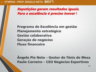 Repetições geram resultados iguais.
Para a excelência é preciso inovar !
Programa de Excelência em gestão
Planejamento estratégico
Gestão colaborativa
Geração de negócios
Fluxo financeiro
Ângelo Pio Neto – Gestor de Tênis de Mesa
Paulo Carneiro – CEO Negócios Esportivos
17
 ETMPAN – PROF. ÂNGELO NETO -
 