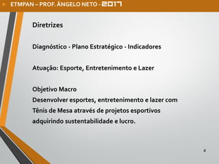 Diretrizes
Diagnóstico - Plano Estratégico - Indicadores
Atuação: Esporte, Entretenimento e Lazer
Objetivo Macro
Desenvolver esportes, entretenimento e lazer com
Tênis de Mesa através de projetos esportivos
adquirindo sustentabilidade e lucro.
4
 ETMPAN – PROF. ÂNGELO NETO -
 