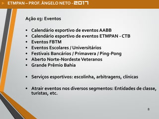 8
Ação 03: Eventos
• Calendário esportivo de eventos AABB
• Calendário esportivo de eventos ETMPAN - CTB
• Eventos FBTM
• Eventos Escolares / Universitários
• Festivais Bancários / Primavera / Ping-Pong
• Aberto Norte-Nordeste Veteranos
• Grande Prêmio Bahia
• Serviços esportivos: escolinha, arbitragens, clínicas
• Atrair eventos nos diversos segmentos: Entidades de classe,
turistas, etc.
 ETMPAN – PROF. ÂNGELO NETO -
 