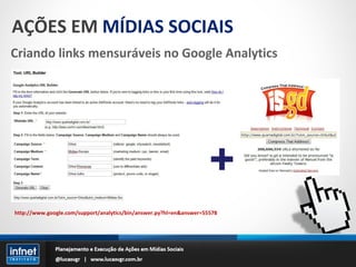 AÇÕES EM  MÍDIAS SOCIAIS Criando links mensuráveis no Google Analytics http://www.google.com/support/analytics/bin/answer.py?hl=en&answer=55578 + 