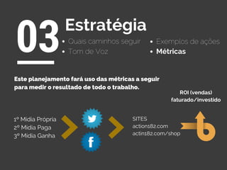 Quais caminhos seguir
03Estratégia
Exemplos de ações
Tom de Voz Métricas
SITES
action182.com
actin182.com/shop
1º Mídia Própria
2º Mídia Paga
3º Mídia Ganha
Este planejamento fará uso das métricas a seguir
para medir o resultado de todo o trabalho.
ROI (vendas)
faturado/investido
 