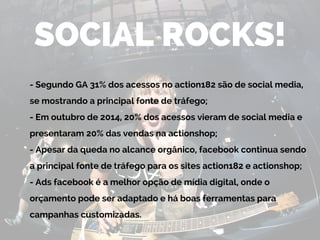 SOCIAL ROCKS!
- Segundo GA 31% dos acessos no action182 são de social media,
se mostrando a principal fonte de tráfego;
- Em outubro de 2014, 20% dos acessos vieram de social media e
presentaram 20% das vendas na actionshop;
- Apesar da queda no alcance orgânico, facebook continua sendo
a principal fonte de tráfego para os sites action182 e actionshop;
- Ads facebook é a melhor opção de mídia digital, onde o
orçamento pode ser adaptado e há boas ferramentas para
campanhas customizadas.
 