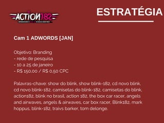 ESTRATÉGIA
Objetivo: Branding
- rede de pesquisa
- 10 a 25 de janeiro
- R$ 150,00 / R$ 0,50 CPC
Palavras-chave: show do blink, show blink-182, cd novo blink,
cd novo blink-182, camisetas do blink-182, camisetas do blink,
action182, blink no brasil, action 182, the box car racer, angels
and airwaves, angels & airwaves, car box racer, Blink182, mark
hoppus, blink-182, traivs barker, tom delonge.
Cam 1 ADWORDS [JAN]
 
