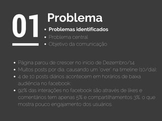 Problemas identificados
01Problema
Problema central
Objetivo da comunicação
Página parou de crescer no início de Dezembro/14
Muitos posts por dia, causando um "over" na timeline (10/dia);
4 de 10 posts diários acontecem em horários de baixa
audiência no facebook;
92% das interações no facebook são através de likes e
comentários tem apenas 5% e compartilhamentos 3%, o que
mostra pouco engajamento dos usuários.
 