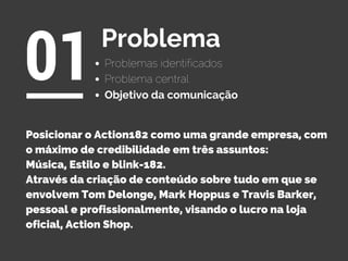 Problemas identificados
01Problema
Objetivo da comunicação
Posicionar o Action182 como uma grande empresa, com
o máximo de credibilidade em três assuntos:
Música, Estilo e blink-182.
Através da criação de conteúdo sobre tudo em que se
envolvem Tom Delonge, Mark Hoppus e Travis Barker,
pessoal e profissionalmente, visando o lucro na loja
oficial, Action Shop.
Problema central
 