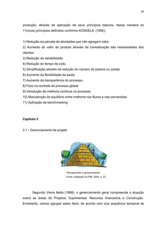 36

produção, através da aplicação de seus princípios básicos, dessa maneira os
11(onze) princípios definidos conforme KOSKELA, (1992);

1) Redução da parcela de atividades que não agregam valor.
2) Aumento do valor do produto através da consideração das necessidades dos
clientes.
3) Redução da variabilidade.
4) Redução do tempo de ciclo.
5) Simplificação através da redução do número de passos ou partes.
6) Aumento da flexibilidade de saída.
7) Aumento da transparência do processo.
8) Foco no controle do processo global
9) Introdução de melhoria continua no processo
10) Manutenção do equilíbrio entre melhoria nos fluxos e nas conversões
11) Aplicação de benchmarking

Capitulo 2

2.1 - Gerenciamento de projeto

Planejamento e gerenciamento
Fonte: Adaptado do PMI, 2004, p. 22

Segundo Vieira Netto (1988), o gerenciamento geral compreende a atuação
sobre as áreas de Projetos; Suprimentos: Recursos financeiros e Construção.
Entretanto, vamos agrupar estes itens, de acordo com sua sequência temporal de

 
