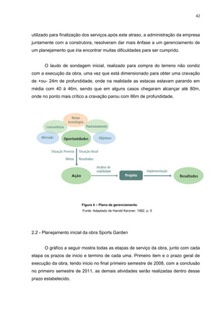 42

utilizado para finalização dos serviços.após este atraso, a administração da empresa
juntamente com a construtora, resolveram dar mais ênfase a um gerenciamento de
um planejamento que iria encontrar muitas dificuldades para ser cumprido.

O laudo de sondagem inicial, realizado para compra do terreno não condiz
com a execução da obra, uma vez que está dimensionado para obter uma cravação
de +ou- 24m de profundidade, onde na realidade as estacas estavam parando em
média com 40 à 46m, sendo que em alguns casos chegaram alcançar até 80m,
onde no ponto mais crítico a cravação parou com 86m de profundidade.

Figura 4 – Plano de gerenciamento
Fonte: Adaptado de Harold Kerzner, 1992, p. 5

2.2 - Planejamento inicial da obra Sports Garden

O gráfico a seguir mostra todas as etapas de serviço da obra, junto com cada
etapa os prazos de inicio e termino de cada uma. Primeiro item e o prazo geral de
execução da obra, tendo inicio no final primeiro semestre de 2008, com a conclusão
no primeiro semestre de 2011, as demais atividades serão realizadas dentro desse
prazo estabelecido.

 
