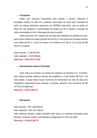 56

o Fundações
Gasto com empresa terceirizada para realizar o serviço, referente à
sondagem rotativa no pilar P4 e posterior perfuração de rocha para cravação de
perfis de reforço adicionais adquiridos da GERDAU Açominas, pois os perfis do
bloco P4 não atingiram a profundidade de projeto de 48 m devido à camada de
rocha intermediária a 24 m intransponível para os perfis.
Gasto adicional com estacas de concreto pré-moldadas da periferia da obra,
pois a altura média de projeto prevista era de 24 m e nos pontos já cravados tivemos
uma média de 28 m, o que nos causou um acréscimo de 764 m a um custo de R$
87,00 / m cravado.
Valor previsto – 2.160.570,89
Valor realizado – 5.272.685,98
Diferença: + R$ 3.072.115,09
o Revestimento externo (Fachada)

Valor acima do previsto na compra da cerâmica da fachada 10 x 10 Eliane,
pois, estava prevista cerâmica Cecrisa tipo pastilha 5 x 5 que ficaria R$ 3,30 / m2
mais barato. A pesar disso houve economia do fechamento da mão de obra com
empreiteiro responsável para executar a fachada, gerando uma economia de R$
147.375,12 neste item.
Diferença: + R$ 52.598,70

o Elevadores
Valor previsto – R$ 1.050.000,00
Valor realizado – R$ 1.511.206,73
Valor adicional devido a aditivo fechado entre Inpar e a empresa contratada para
fornecer o produto, devido a paralisação do pagamento no inicio de 2009.
Diferença: + R$ 461.206,73

 