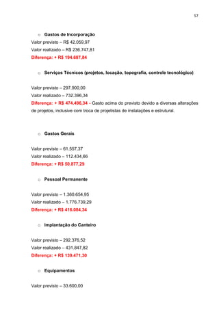 57

o Gastos de Incorporação
Valor previsto – R$ 42.059,97
Valor realizado – R$ 236.747,81
Diferença: + R$ 194.687,84
o Serviços Técnicos (projetos, locação, topografia, controle tecnológico)
Valor previsto – 297.900,00
Valor realizado – 732.396,34
Diferença: + R$ 474.496,34 - Gasto acima do previsto devido a diversas alterações
de projetos, inclusive com troca de projetistas de instalações e estrutural.

o Gastos Gerais
Valor previsto – 61.557,37
Valor realizado – 112.434,66
Diferença: + R$ 50.877,29
o Pessoal Permanente
Valor previsto – 1.360.654,95
Valor realizado – 1.776.739,29
Diferença: + R$ 416.084,34
o Implantação do Canteiro
Valor previsto – 292.376,52
Valor realizado – 431.847,82
Diferença: + R$ 139.471,30
o Equipamentos
Valor previsto – 33.600,00

 