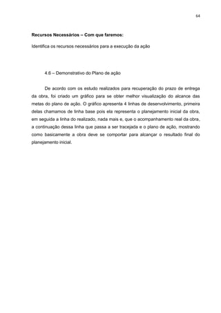 64

Recursos Necessários – Com que faremos:
Identifica os recursos necessários para a execução da ação

4.6 – Demonstrativo do Plano de ação

De acordo com os estudo realizados para recuperação do prazo de entrega
da obra, foi criado um gráfico para se obter melhor visualização do alcance das
metas do plano de ação. O gráfico apresenta 4 linhas de desenvolvimento, primeira
delas chamamos de linha base pois ela representa o planejamento inicial da obra,
em seguida a linha do realizado, nada mais e, que o acompanhamento real da obra,
a continuação dessa linha que passa a ser tracejada e o plano de ação, mostrando
como basicamente a obra deve se comportar para alcançar o resultado final do
planejamento inicial.

 