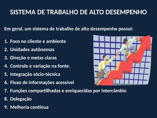 SISTEMA DE TRABALHO DE ALTO DESEMPENHO
Em geral, um sistema de trabalho de alto desempenho possui:
1. Foco no cliente e ambiente
2. Unidades autônomas
3. Direção e metas claras
4. Controle e variação na fonte.
5. Integração sócio-técnica
6. Fluxo de informações acessível
7. Funções compartilhadas e enriquecidas por intercâmbio
8. Delegação
9. Melhoria contínua
 