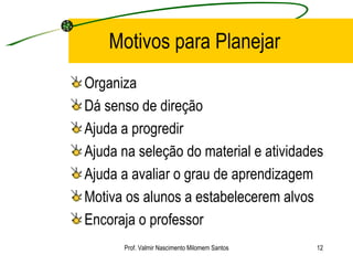Motivos para Planejar Organiza Dá senso de direção Ajuda a progredir Ajuda na seleção do material e atividades Ajuda a avaliar o grau de aprendizagem Motiva os alunos a estabelecerem alvos Encoraja o professor Prof. Valmir Nascimento Milomem Santos 