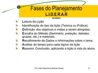 Fases do Planejamento L.I.D.E.R.A.R Acróstico L eitura da Lição I dentificação do tipo da lição (Teórica ou Prática); D efinição   dos objetivos e metas a serem atingidas; E scolha do Método (Seminário, preleção, debates, grupos, etc.) e materiais. R ecolhimento de Dados e informações sobre o tema. A nálise   do tempo para cada tópico da lição R esumo: Conclusão, aplicando a lição à vida do aluno . Prof. Valmir Nascimento Milomem Santos 