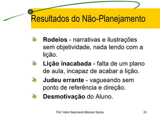 Resultados do Não-Planejamento Rodeios  - narrativas e ilustrações sem objetividade, nada tendo com a lição.  Lição inacabada  - falta de um plano de aula, incapaz de acabar a lição.  Judeu errante  - vagueando sem ponto de referência e direção.  Desmotivação  do Aluno. Prof. Valmir Nascimento Milomem Santos 