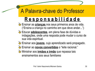 A Palavra-chave do Professor R e s p o n s a b i l i d a d e  Ensinar as  crianças  nos seus primeiros anos de vida.(“Ensina a criança no caminho em que deve andar...”) Educar  adolescentes , em plena fase de dúvidas e indagações, onde uma resposta pode mudar o curso de sua vida espiritual. Ensinar aos  jovens , cujo aprendizado será propagado. Ensinar ao  novos convertidos  o “leite racional.” Ministrar aos  irmãos e irmãs  que repassa tais ensinamentos aos seus familiares   Prof. Valmir Nascimento Milomem Santos 