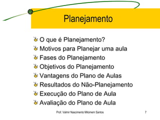 Planejamento O que é Planejamento? Motivos para Planejar uma aula Fases do Planejamento Objetivos do Planejamento Vantagens do Plano de Aulas Resultados do Não-Planejamento Execução do Plano de Aula Avaliação do Plano de Aula Prof. Valmir Nascimento Milomem Santos 