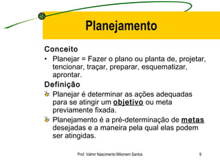 Planejamento Conceito Planejar = Fazer o plano ou planta de, projetar, tencionar, traçar, preparar, esquematizar, aprontar. Definição Planejar é determinar as ações adequadas para se atingir um  objetivo  ou meta previamente fixada. Planejamento é a pré-determinação de  metas  desejadas e a maneira pela qual elas podem ser atingidas. Prof. Valmir Nascimento Milomem Santos 