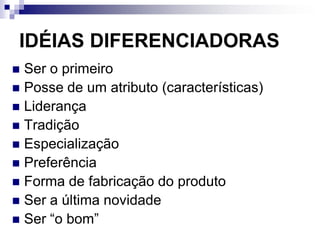 IDÉIAS DIFERENCIADORAS
 Ser o primeiro
 Posse de um atributo (características)
 Liderança
 Tradição
 Especialização
 Preferência
 Forma de fabricação do produto
 Ser a última novidade
 Ser “o bom”
 