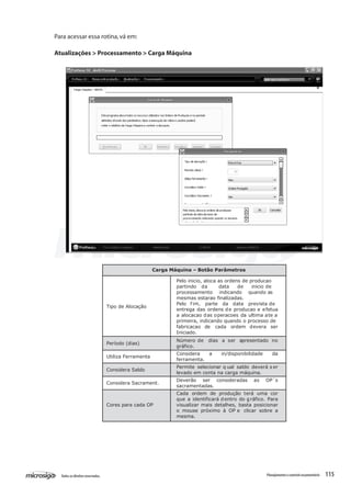 115Todososdireitosreservados. Planejamentoecontroleorçamentário
Carga Máquina – Botão Parâmetros
Tipo de Alocação
Pelo inicio, aloca as ordens de producao
partindo da data de inicio de
processamento indicando quando as
mesmas estarao finalizadas.
Pelo f im, parte da data prevista de
entrega das ordens de producao e efetua
a alocacao das operacoes da ultima ate a
primeira, indicando quando o processo de
fabricacao de cada ordem devera ser
Iniciado.
Período (dias)
Número de dias a ser apresentado no
gráfico.
Utiliza Ferramenta
Considera a in/disponibilidade da
ferramenta.
Considera Saldo
Permite selecionar q ual saldo deverá s er
levado em conta na carga máquina.
Considera Sacrament.
Deverão ser consideradas as OP´s
sacramentadas.
Cores para cada OP
Cada ordem de produção terá uma cor
que a identificará dentro do gráfico. Para
visualizar mais detalhes, basta posicionar
o mouse próximo à OP e clicar sobre a
mesma.
Para acessar essa rotina,vá em:
Atualizações > Processamento > Carga Máquina
 