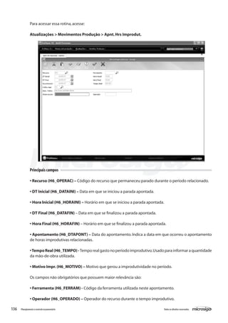 136 Todososdireitosreservados.Planejamentoecontroleorçamentário
Principais campos
• Recurso (H6_OPERAC) – Código do recurso que permaneceu parado durante o período relacionado.
• DT Inicial (H6_DATAINI) – Data em que se iniciou a parada apontada.
• Hora Inicial (H6_HORAINI) – Horário em que se iniciou a parada apontada.
• DT Final (H6_DATAFIN) – Data em que se finalizou a parada apontada.
• Hora Final (H6_HORAFIN) – Horário em que se finalizou a parada apontada.
• Apontamento (H6_DTAPONT) – Data do apontamento.Indica a data em que ocorreu o apontamento
de horas improdutivas relacionadas.
•TempoReal(H6_TEMPO)-Temporealgastonoperíodoimprodutivo.Usadoparainformaraquantidade
da mão-de-obra utilizada.
• Motivo Impr.(H6_MOTIVO) – Motivo que gerou a improdutividade no período.
Os campos não obrigatórios que possuem maior relevância são:
• Ferramenta (H6_FERRAM) - Código da ferramenta utilizada neste apontamento.
• Operador (H6_OPERADO) – Operador do recurso durante o tempo improdutivo.
Para acessar essa rotina,acesse:
Atualizações > Movimentos Produção > Apnt.Hrs Improdut.
 