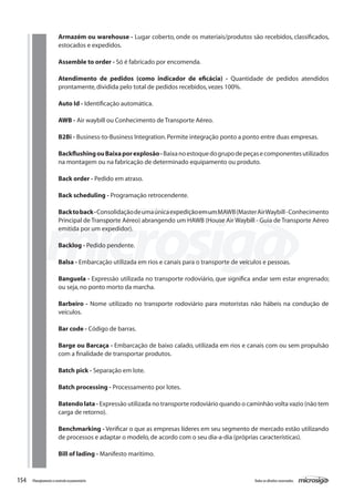 154 Todososdireitosreservados.Planejamentoecontroleorçamentário
Armazém ou warehouse - Lugar coberto, onde os materiais/produtos são recebidos, classificados,
estocados e expedidos.
Assemble to order - Só é fabricado por encomenda.
Atendimento de pedidos (como indicador de eficácia) - Quantidade de pedidos atendidos
prontamente,dividida pelo total de pedidos recebidos,vezes 100%.
Auto Id - Identificação automática.
AWB - Air waybill ou Conhecimento de Transporte Aéreo.
B2Bi - Business-to-Business Integration.Permite integração ponto a ponto entre duas empresas.
BackflushingouBaixaporexplosão-Baixanoestoquedogrupodepeçasecomponentesutilizados
na montagem ou na fabricação de determinado equipamento ou produto.
Back order - Pedido em atraso.
Back scheduling - Programação retrocendente.
Backtoback-ConsolidaçãodeumaúnicaexpediçãoemumMAWB(MasterAirWaybill-Conhecimento
Principal de Transporte Aéreo) abrangendo um HAWB (House Air Waybill - Guia de Transporte Aéreo
emitida por um expedidor).
Backlog - Pedido pendente.
Balsa - Embarcação utilizada em rios e canais para o transporte de veículos e pessoas.
Banguela - Expressão utilizada no transporte rodoviário, que significa andar sem estar engrenado;
ou seja,no ponto morto da marcha.
Barbeiro - Nome utilizado no transporte rodoviário para motoristas não hábeis na condução de
veículos.
Bar code - Código de barras.
Barge ou Barcaça - Embarcação de baixo calado, utilizada em rios e canais com ou sem propulsão
com a finalidade de transportar produtos.
Batch pick - Separação em lote.
Batch processing - Processamento por lotes.
Batendo lata - Expressão utilizada no transporte rodoviário quando o caminhão volta vazio (não tem
carga de retorno).
Benchmarking - Verificar o que as empresas líderes em seu segmento de mercado estão utilizando
de processos e adaptar o modelo,de acordo com o seu dia-a-dia (próprias características).
Bill of lading - Manifesto marítimo.
 