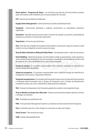 170 Todososdireitosreservados.Planejamentoecontroleorçamentário
Stock options - Programa de Ações - um incentivo que permite aos funcionários comprar
ações da empresa onde trabalham por um preço abaixo do mercado.
STV - Veículo de Transferência Ordenado.
Supply Chain Management - Gerenciamento da Cadeia de Abastecimento.
	
Tacógrafo - Instrumento destinado a registrar movimentos ou velocidades; tacômetro
registrador.
Tacômetro - Aparelho que serve para medir o número de rotações e,portanto,a velocidade de
máquinas ou veículos; o mesmo que taquímetro.
Taquímetro - O mesmo que tacômetro.
Tara - Peso de uma unidade de transporte intermodal ou veículo sem carga.Ao se pesar o total
subtrai-se a tara,chegando-se assim ao peso da carga.
Taxa de Valor Liberado ou Released-Value Rates - Taxa baseada sobre o valor do transporte.
Team Building - dinâmica de grupo em área externa, onde os participantes serão expostos a
várias tarefas físicas desafiadoras, que são exemplos comparativos dos problemas do dia-a-dia
da empresa.Tem como finalidade tornar uma equipe integrada.
Tempo de compra - É o período compreendido entre a data da requisição do material até a
data do fechamento do pedido.
Tempo de transporte - É o período compreendido entre a data de entrega do material até a
chegada do mesmo para o requisitante (destino).
Tempoderessuprimento-ÉasomatóriadoTempodeCompra,maisoTempodeProcessamento
e Embarque pelo fornecedor, mais o Tempo de Transporte, mais o Tempo de Recebimento
(conferência,testes,etc.) até o material ficar disponível para utilização.
TEU - Twenty Foot Equivalent Unit.Tamanho padrão de contêiner intermodal de 20 pés.
Time to Market ou Tempo até o Mercado - Tempo necessário para projetar,aprovar,construir
e entregar um produto.
TKU - Toneladas por quilômetro útil.
TMS - Transportation Management Systems ou Sistemas de Gerenciamento de Transporte.
Toco - Caminhão que tem o eixo simples na carroceria; ou seja,não é duplo.
Touch Screen - Tela sensível ao toque.
TQM - Gestão da Qualidade Total.
 