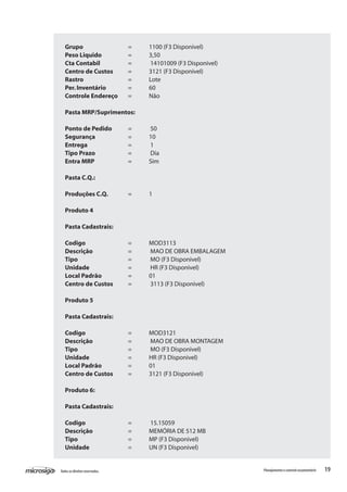 19Todososdireitosreservados. Planejamentoecontroleorçamentário
Grupo			 = 	 1100 (F3 Disponivel)
Peso Liquido		 = 	 3,50
Cta Contabil		 =	 14101009 (F3 Disponivel)
Centro de Custos	 = 	 3121 (F3 Disponivel)
Rastro			 = 	 Lote
Per.Inventário		 = 	 60
Controle Endereço	 = 	 Não
Pasta MRP/Suprimentos:
Ponto de Pedido	 =	 50
Segurança		 = 	 10
Entrega		 =	 1
Tipo Prazo		 =	 Dia
Entra MRP		 = 	 Sim
Pasta C.Q.:
Produções C.Q.	 = 	 1
Produto 4
Pasta Cadastrais:
Codigo			 = 	 MOD3113
Descrição		 =	 MAO DE OBRA EMBALAGEM
Tipo			 =	 MO (F3 Disponivel)
Unidade		 =	 HR (F3 Disponivel)
Local Padrão		 = 	 01
Centro de Custos	 =	 3113 (F3 Disponivel)
Produto 5
Pasta Cadastrais:
Codigo			 = 	 MOD3121
Descrição		 =	 MAO DE OBRA MONTAGEM
Tipo			 =	 MO (F3 Disponivel)
Unidade		 = 	 HR (F3 Disponivel)
Local Padrão		 = 	 01
Centro de Custos	 = 	 3121 (F3 Disponivel)
Produto 6:
Pasta Cadastrais:
Codigo			 =	 15.15059
Descrição		 = 	 MEMÓRIA DE 512 MB
Tipo			 = 	 MP (F3 Disponivel)
Unidade		 = 	 UN (F3 Disponivel)
 