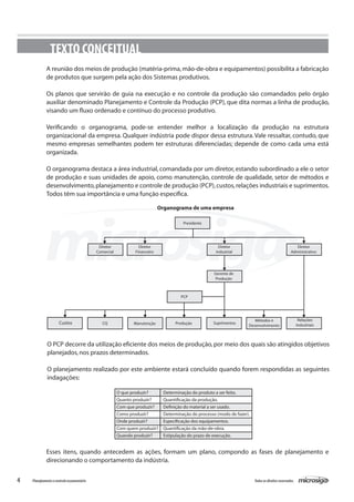 4 Todososdireitosreservados.Planejamentoecontroleorçamentário
A reunião dos meios de produção (matéria-prima,mão-de-obra e equipamentos) possibilita a fabricação
de produtos que surgem pela ação dos Sistemas produtivos.
Os planos que servirão de guia na execução e no controle da produção são comandados pelo órgão
auxiliar denominado Planejamento e Controle da Produção (PCP), que dita normas a linha de produção,
visando um fluxo ordenado e contínuo do processo produtivo.
Verificando o organograma, pode-se entender melhor a localização da produção na estrutura
organizacional da empresa. Qualquer indústria pode dispor dessa estrutura.Vale ressaltar, contudo, que
mesmo empresas semelhantes podem ter estruturas diferenciadas; depende de como cada uma está
organizada.
O organograma destaca a área industrial, comandada por um diretor, estando subordinado a ele o setor
de produção e suas unidades de apoio, como manutenção, controle de qualidade, setor de métodos e
desenvolvimento,planejamento e controle de produção (PCP),custos,relações industriais e suprimentos.
Todos têm sua importância e uma função específica.
O PCP decorre da utilização eficiente dos meios de produção,por meio dos quais são atingidos objetivos
planejados,nos prazos determinados.
O planejamento realizado por este ambiente estará concluído quando forem respondidas as seguintes
indagações:
TEXTO CONCEITUAL
O que produzir?
Quanto produzir?
Com que produzir?
Como produzir?
Onde produzir?
Com quem produzir?
Quando produzir?
Determinação do produto a ser feito.
Quantificação da produção.
Definição do material a ser usado.
Determinação do processo (modo de fazer).
Especificação dos equipamentos.
Quantificação da mão-de-obra.
Estipulação do prazo de execução.
Esses itens, quando antecedem as ações, formam um plano, compondo as fases de planejamento e
direcionando o comportamento da indústria.
Presidente
Diretor
Comercial
Diretor
Financeiro
SuprimentosProduçãoManutençãoCQCustos
Métodos e
Desenvolvimento
Relações
Industriais
Organograma de uma empresa
PCP
Gerente de
Produção
Diretor
Industrial
Diretor
Administrativo
 