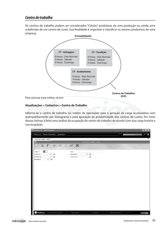 53Todososdireitosreservados. Planejamentoecontroleorçamentário
Centrodetrabalho
	
Os centros de trabalho podem ser considerados “Células” produtivas de uma produção ou, ainda, uma
subdivisão de um centro de custo. Sua finalidade é organizar e classificar os setores produtivos de uma
empresa.
Para acessar essa rotina,vá em:
Atualizações > Cadastros > Centro de Trabalho
Informa-se o centro de trabalho no roteiro de operações para a geração da carga acumulativa com
acompanhamento por histograma e para apuração de produtividade dos centros de custos. Por meio
dessas rotinas,é feita uma análise da ocupação do centro de trabalho de acordo com sua carga horária e
sua ocupação.
(Contabilidade)
CT - Usinagem CT - Fundição
CT - Acabamento
Centros de Trabalhos
(PCP)
8 Horas - Dias Normais
4 Horas - Sábado
0 Horas - Domingo
8 Horas - Dias Normais
4 Horas - Sábado
0 Horas - Domingo
8 Horas - Dias Normais
4 Horas - Sábado
0 Horas - Domingo
 