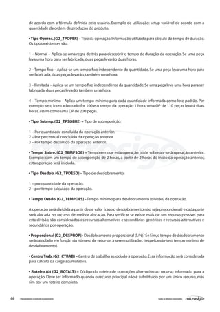66 Todososdireitosreservados.Planejamentoecontroleorçamentário
de acordo com a fórmula definida pelo usuário. Exemplo de utilização: setup variável de acordo com a
quantidade da ordem de produção do produto.
•Tipo Operac.(G2_TPOPER) –Tipo da operação.Informação utilizada para cálculo do tempo de duração.
Os tipos existentes são:
1 – Normal – Aplica-se uma regra de três para descobrir o tempo de duração da operação. Se uma peça
leva uma hora para ser fabricada,duas peças levarão duas horas.
2 – Tempo fixo – Aplica-se um tempo fixo independente da quantidade.Se uma peça leva uma hora para
ser fabricada,duas peças levarão,também,uma hora.
3 – Ilimitada – Aplica-se um tempo fixo independente da quantidade.Se uma peça leva uma hora para ser
fabricada,duas peças levarão também uma hora.
4 – Tempo mínimo - Aplica um tempo mínimo para cada quantidade informada como lote padrão. Por
exemplo: se o lote cadastrado for 100 e o tempo da operação 1 hora, uma OP de 110 peças levará duas
horas,assim como uma OP de 200 peças.
• Tipo Sobrep.(G2_TPSOBRE) – Tipo de sobreposição:
1 – Por quantidade concluída da operação anterior.
2 – Por percentual concluído da operação anterior.
3 – Por tempo decorrido da operação anterior.
• Tempo Sobre. (G2_TEMPSOB) – Tempo em que esta operação pode sobrepor-se à operação anterior.
Exemplo: com um tempo de sobreposição de 2 horas, a partir de 2 horas do início da operação anterior,
esta operação será iniciada.
• Tipo Desdob.(G2_TPDESD) – Tipo de desdobramento:
1 – por quantidade da operação.
2 – por tempo calculado da operação.
• Tempo Desdo.(G2_TEMPDES) - Tempo mínimo para desdobramento (divisão) da operação.
A operação será dividida a partir deste valor (caso o desdobramento não seja proporcional) e cada parte
será alocada no recurso de melhor alocação. Para verificar se existe mais de um recurso possível para
esta divisão, são considerados os recursos alternativos e secundários genéricos e recursos alternativos e
secundários por operação.
•Proporcional(G2_DESPROP)-Desdobramentoproporcional(S/N)?SeSim,otempodedesdobramento
será calculado em função do número de recursos a serem utilizados (respeitando-se o tempo mínimo de
desdobramento).
• CentroTrab.(G2_CTRAB) – Centro de trabalho associado à operação.Essa informação será considerada
para cálculo da carga acumulativa.
• Roteiro Alt (G2_ROTALT) – Código do roteiro de operações alternativo ao recurso informado para a
operação. Deve ser informado quando o recurso principal não é substituído por um único recurso, mas
sim por um roteiro completo.
 