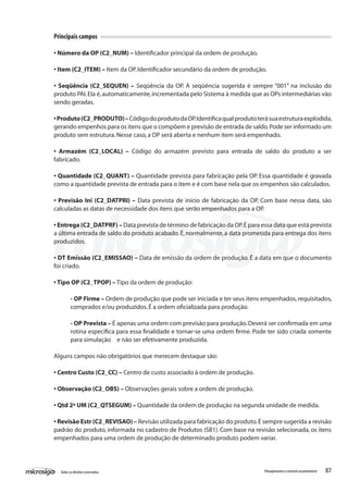 87Todososdireitosreservados. Planejamentoecontroleorçamentário
Principais campos
• Número da OP (C2_NUM) – Identificador principal da ordem de produção.
• Item (C2_ITEM) – Item da OP.Identificador secundário da ordem de produção.
• Seqüência (C2_SEQUEN) – Seqüência da OP. A seqüência sugerida é sempre “001” na inclusão do
produto PAI.Ela é,automaticamente,incrementada pelo Sistema à medida que as OPs intermediárias vão
sendo geradas.
•Produto(C2_PRODUTO)–CódigodoprodutodaOP.Identificaqualprodutoterásuaestruturaexplodida,
gerando empenhos para os itens que o compõem e previsão de entrada de saldo.Pode ser informado um
produto sem estrutura.Nesse caso,a OP será aberta e nenhum item será empenhado.
• Armazém (C2_LOCAL) – Código do armazém previsto para entrada de saldo do produto a ser
fabricado.
• Quantidade (C2_QUANT) – Quantidade prevista para fabricação pela OP. Essa quantidade é gravada
como a quantidade prevista de entrada para o item e é com base nela que os empenhos são calculados.
• Previsão Ini (C2_DATPRI) – Data prevista de início de fabricação da OP. Com base nessa data, são
calculadas as datas de necessidade dos itens que serão empenhados para a OP.
• Entrega (C2_DATPRF) – Data prevista de término de fabricação da OP.É para essa data que está prevista
a última entrada de saldo do produto acabado.É,normalmente,a data prometida para entrega dos itens
produzidos.
• DT Emissão (C2_EMISSAO) – Data de emissão da ordem de produção. É a data em que o documento
foi criado.
• Tipo OP (C2_TPOP) – Tipo da ordem de produção:
- OP Firme – Ordem de produção que pode ser iniciada e ter seus itens empenhados,requisitados,
comprados e/ou produzidos.É a ordem oficializada para produção.
- OP Prevista – É apenas uma ordem com previsão para produção.Deverá ser confirmada em uma
rotina específica para essa finalidade e tornar-se uma ordem firme. Pode ter sido criada somente
para simulação 	 e não ser efetivamente produzida.
Alguns campos não obrigatórios que merecem destaque são:
• Centro Custo (C2_CC) – Centro de custo associado à ordem de produção.
• Observação (C2_OBS) – Observações gerais sobre a ordem de produção.
• Qtd 2ª UM (C2_QTSEGUM) – Quantidade da ordem de produção na segunda unidade de medida.
• Revisão Estr (C2_REVISAO) – Revisão utilizada para fabricação do produto.É sempre sugerida a revisão
padrão do produto, informada no cadastro de Produtos (SB1). Com base na revisão selecionada, os itens
empenhados para uma ordem de produção de determinado produto podem variar.
 