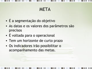 META É a segmentação do objetivo As datas e os valores dos parâmetros são precisos É voltada para o operacional Tem um horizonte de curto prazo Os indicadores irão possibilitar o acompanhamento das metas. 