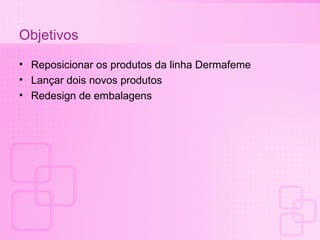 Objetivos Reposicionar os produtos da linha Dermafeme Lançar dois novos produtos Redesign de embalagens 